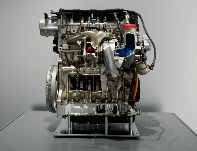 A cutaway view of a complex internal combustion engine.